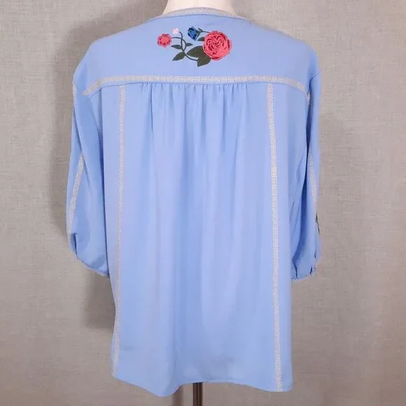 Women's Floral Embroidered Tunic Top Size Small Pleated CottageCore Blue - Picture 3 of 16